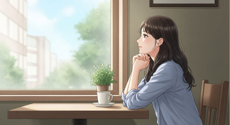 カフェの窓辺で過去を思い出しながら静かに考える女性