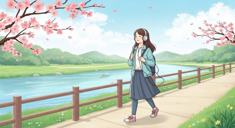 春の川辺を歩きながら自分自身と向き合う女性