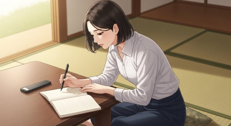 日記を書きながら過去の自分を振り返る女性