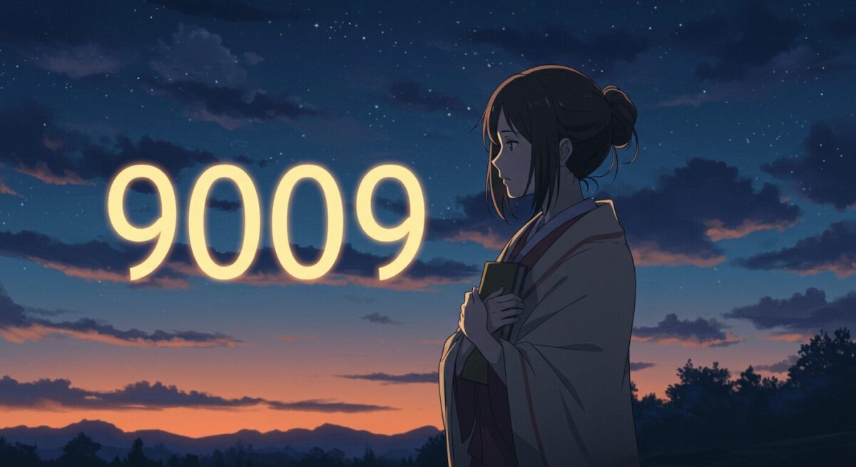 夕暮れ空の下、ノートを胸に抱きながら静かに9009を見上げる日本人女性のアニメ風イラスト。