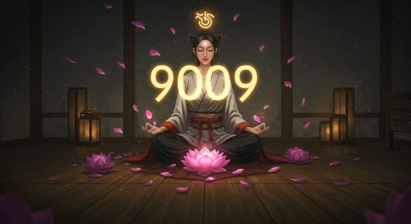 「9009」の数字が浮かぶ中、静かに瞑想する女性のアニメ風イラスト。内面と向き合う神秘的なシーン。