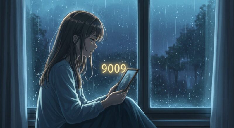 雨の窓辺で写真を見つめる女性のアニメイラスト。9009の数字がガラスに浮かび、静かな気持ちを表す。