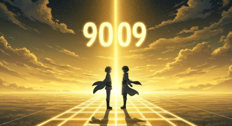 9009の数字の下で向かい合う二人の姿。離れた心が再びつながる予兆を描いたアニメ調イラスト。