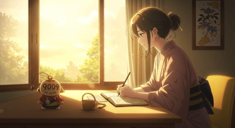 朝日を浴びながら日記に向き合う女性と、そばにある9009のチャーム。新たな一歩を示す静かな朝のアニメ風シーン。