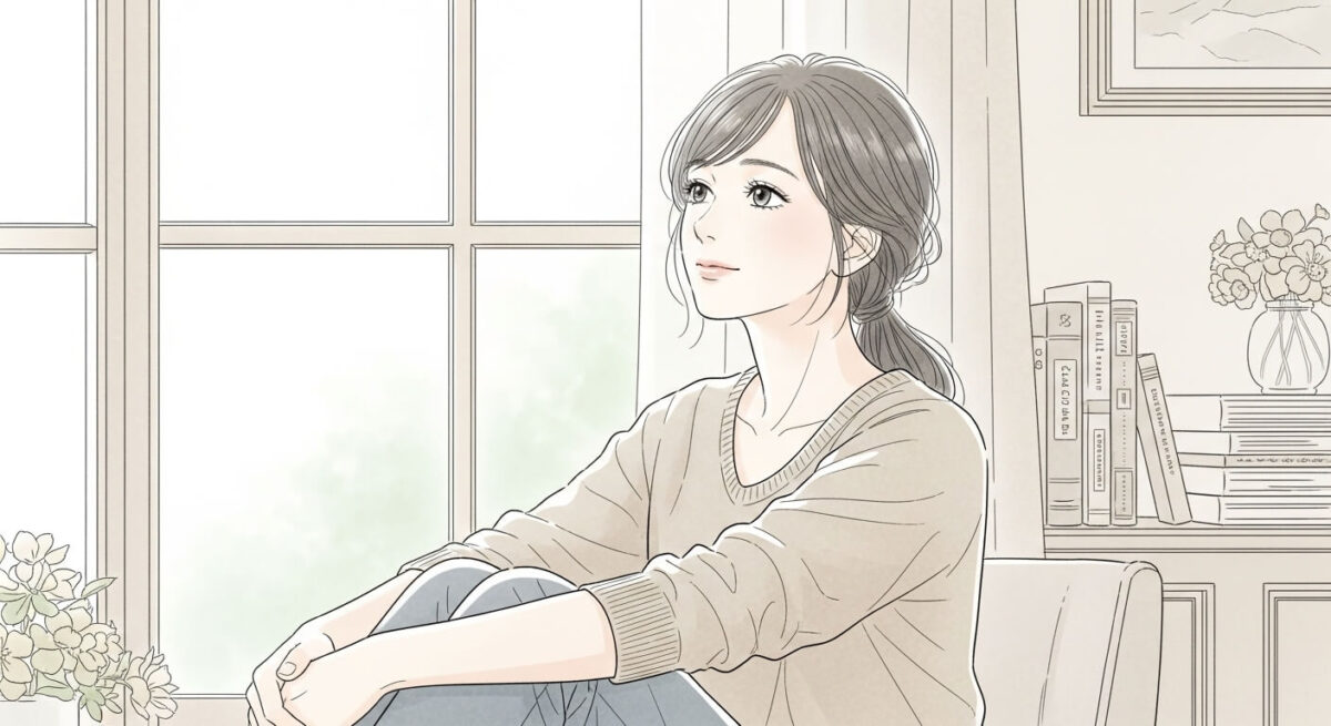落ち着いた雰囲気の部屋で窓辺に座り、未来を見つめる女性