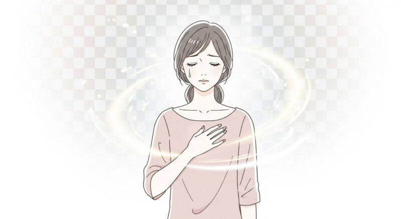 心の変化を感じて胸に手を当てる女性の繊細なイラスト