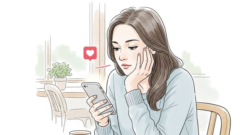 スマホの通知を見つめ、元恋人の連絡を思い返す女性