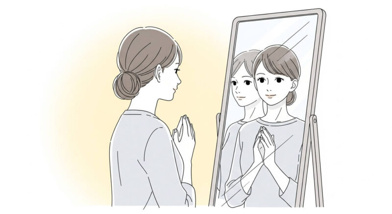 鏡の前で過去の自分を見つめ直し、前向きに決意する女性