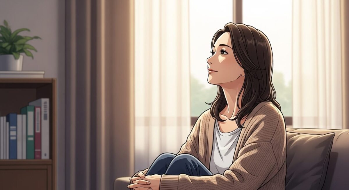 別れを乗り越えた女性が窓の外を見つめる落ち着いた雰囲気