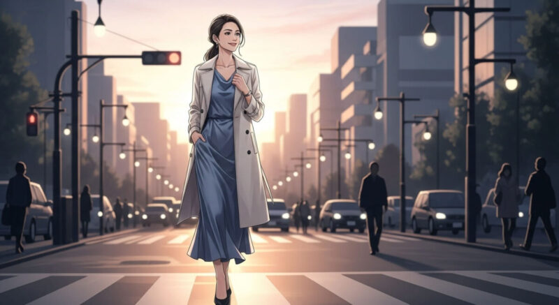 前向きに自分を磨く女性が夕暮れの街を歩く