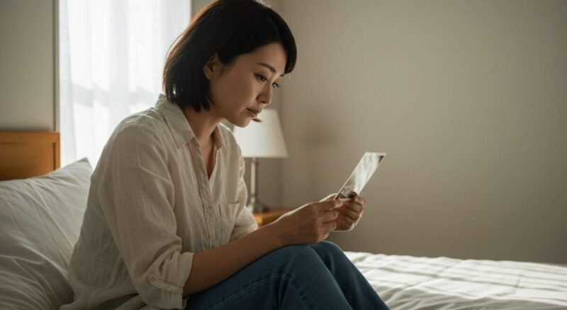 元恋人との過去の写真を見ながら、物思いにふける女性