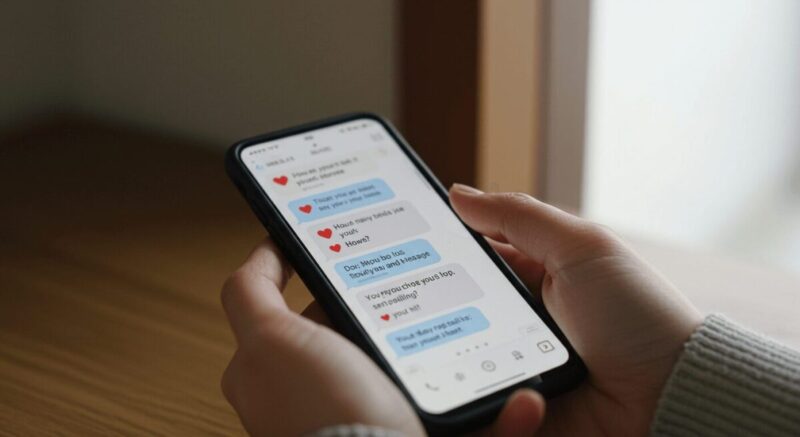 スマホに英語のメッセージを入力している女性の手元の写真
