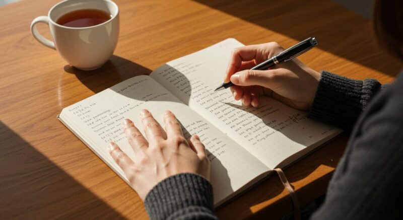 英語のフレーズを書き留めているノートとペン、女性の手元