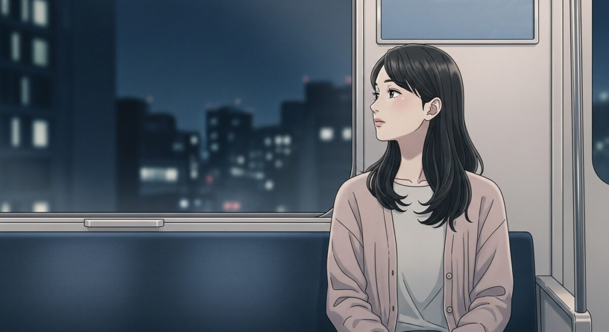 夜の電車で窓の外を見つめる落ち着いた表情の日本人女性