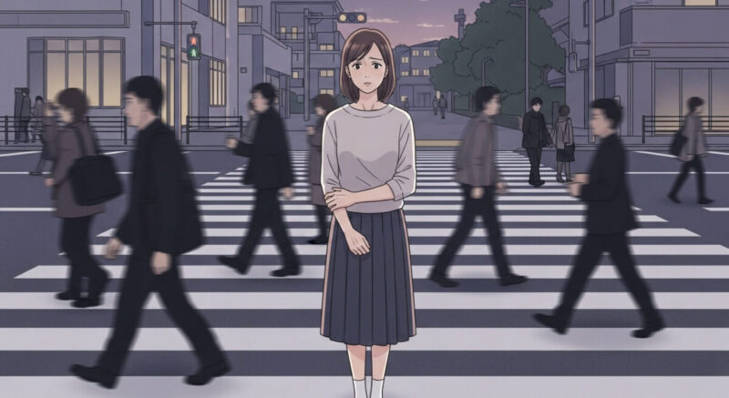 人混みの中で立ち止まり、悩んだ表情を浮かべる日本人女性