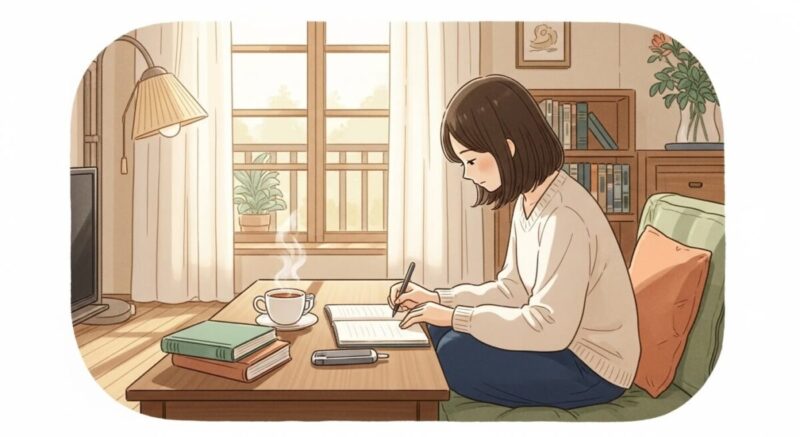 ノートに思いを綴る日本人女性の落ち着いた室内