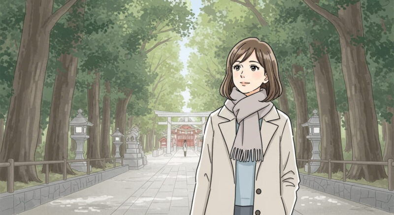 神社の参道を穏やかに歩く日本人女性の希望を感じさせる