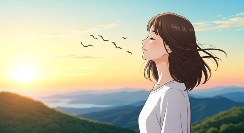 朝日を浴びながら新たな一歩を踏み出そうとする日本人女性