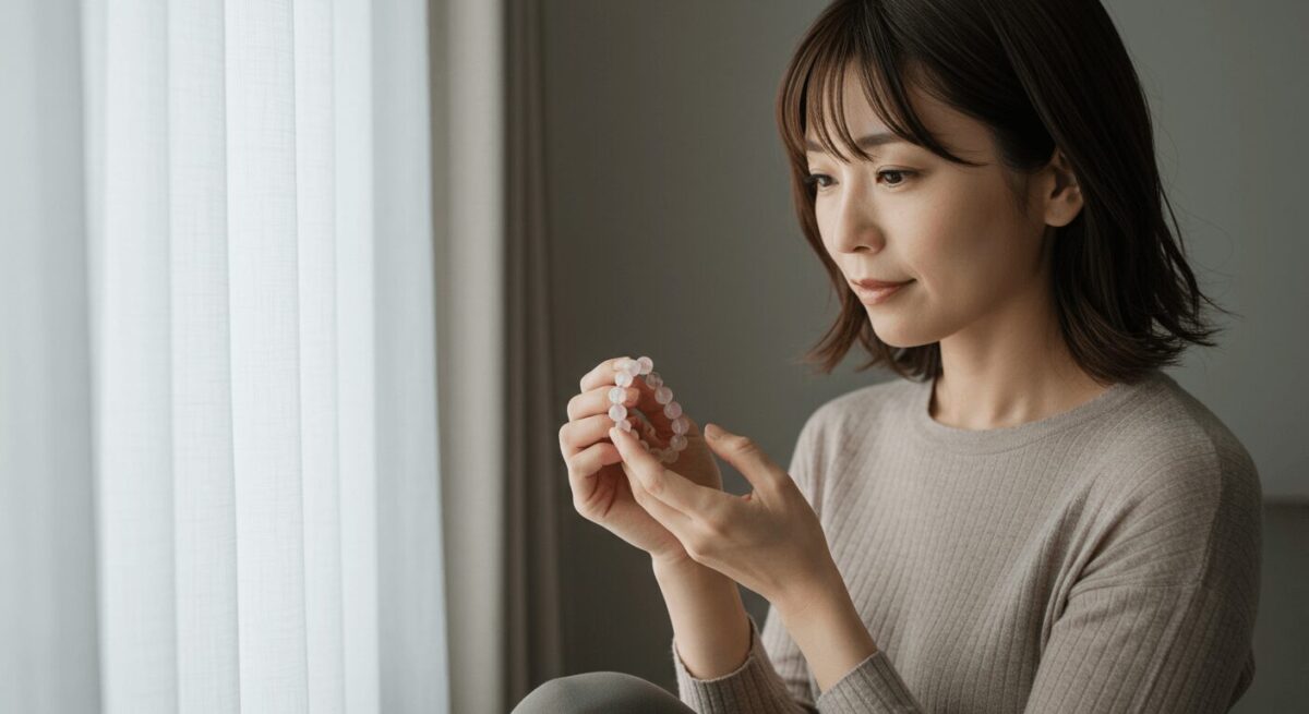 窓辺でローズクォーツのブレスレットを手に持つ女性。落ち着いた表情で復縁を願う気持ちを抱いている。