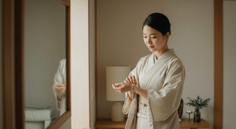 ブレスレットをつけながら鏡の前で自分と向き合う女性。復縁に向けた想いを込めている様子。