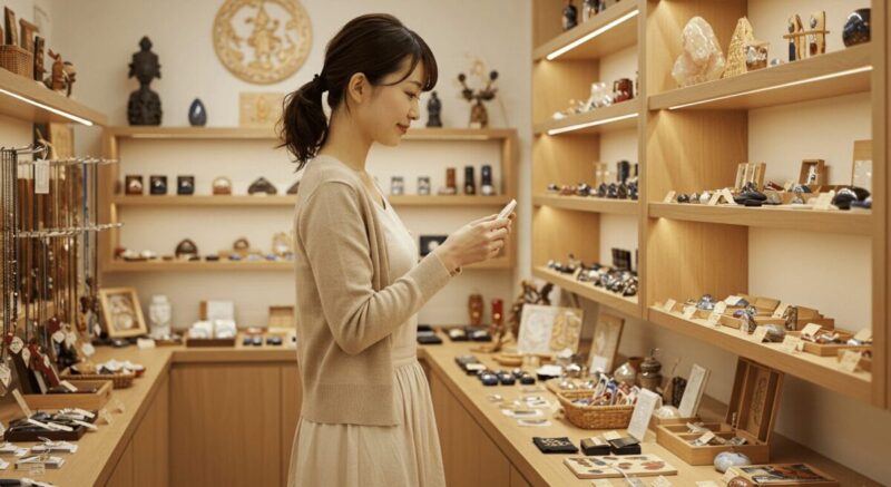 スピリチュアルグッズの並ぶ店内で、真剣な眼差しで商品を見つめる女性。