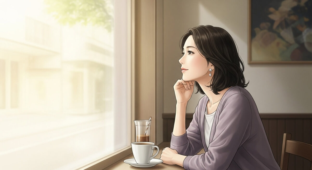 復縁を真剣に考える大人の女性が静かなカフェで物思いにふける様子