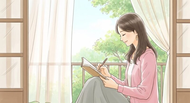 前向きな気持ちで日記を書いている落ち着いた雰囲気の日本人女性