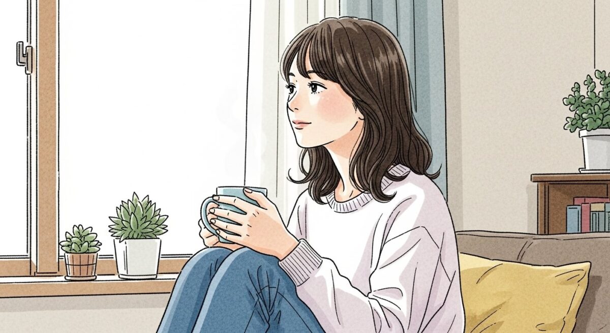 室内で温かい飲み物を手に、復縁について思いを巡らせる女性の繊細