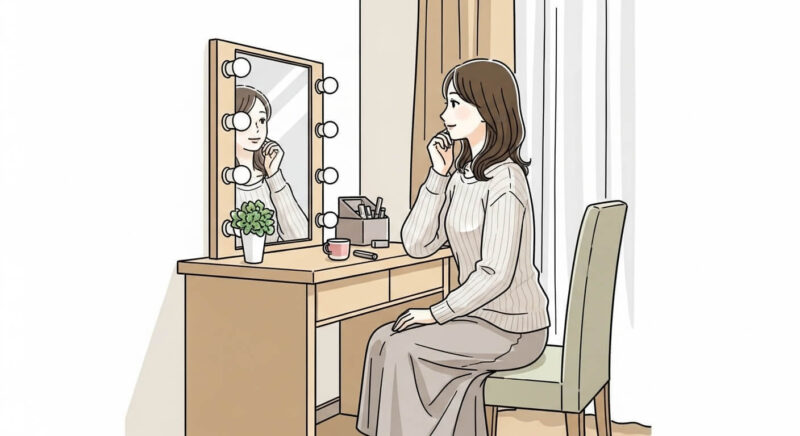 鏡の前で冷静に会話の練習をする女性の穏やか