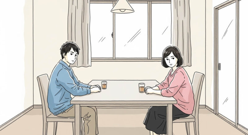 言葉を選びあぐねる男女が、距離感のある姿勢で向き合う