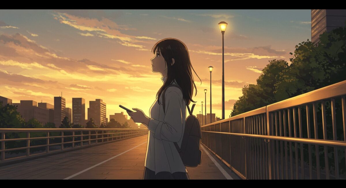 都会の夕暮れにたたずむ女性が未来を見つめる