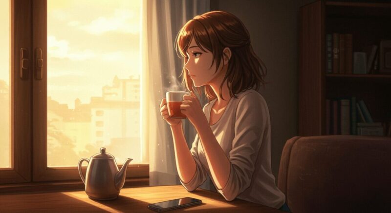 カップを手に考え事をしている女性とテーブルの上のスマートフォン