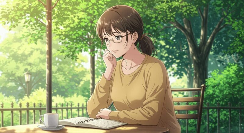 ノートに向かいながら冷静に考える女性