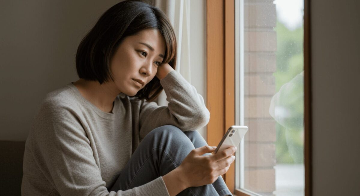返事が来ないスマホを見つめる女性の横顔