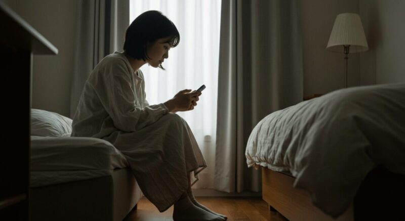 過去のメッセージ履歴を見返しながら考え込む女性の後ろ姿