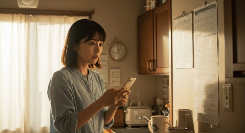カレンダーを見ながらスマホ画面を気にする女性の様子