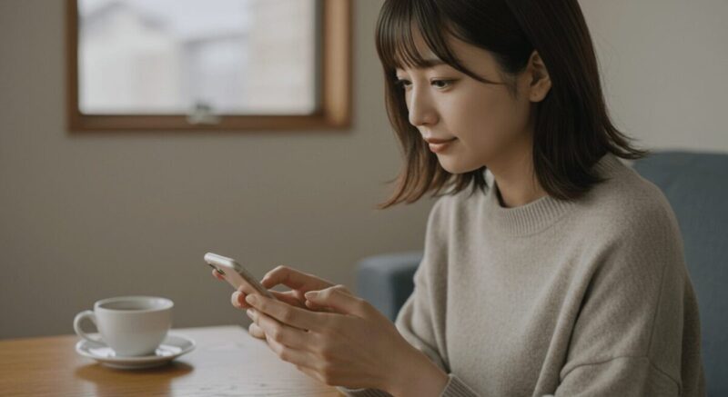 スマホにメッセージを打つ指先と、その背後に写る穏やかな表情の女性
