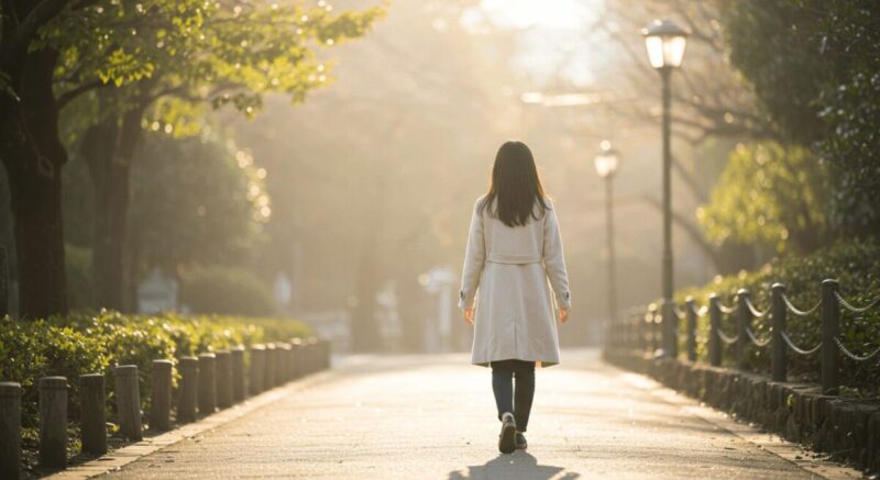 まっすぐ前を見て歩き出す女性(後ろ姿)と開けた道