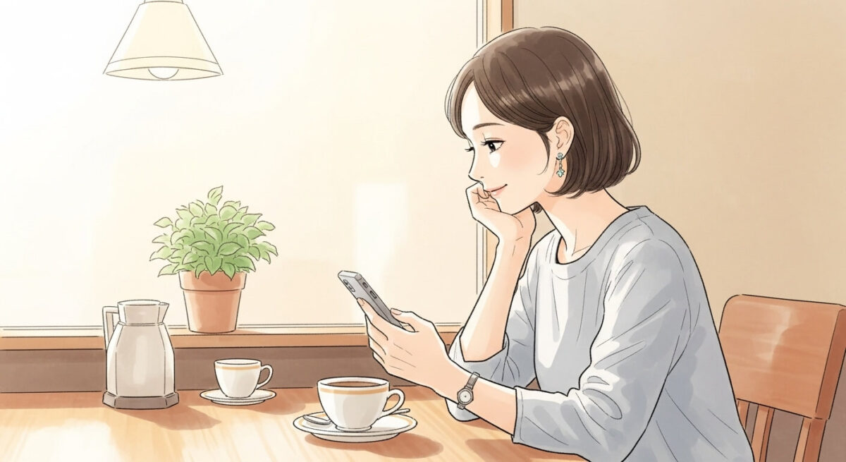 カフェでスマホを見つめ、元恋人からの復縁メッセージに戸惑う女性