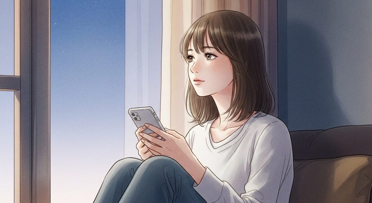 夕暮れの窓辺でスマートフォンを見つめながら連絡を迷う女性