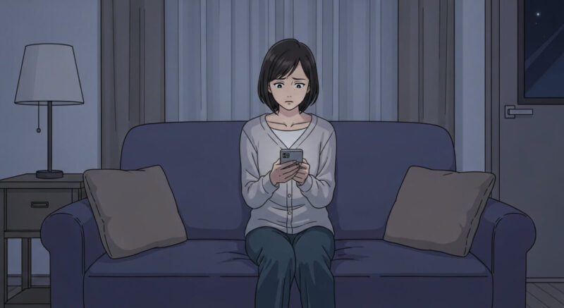感情を抑えながら慎重に連絡の判断をする女性