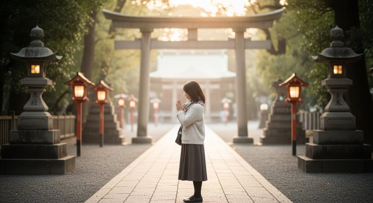 静かな神社の参道で手を合わせる女性