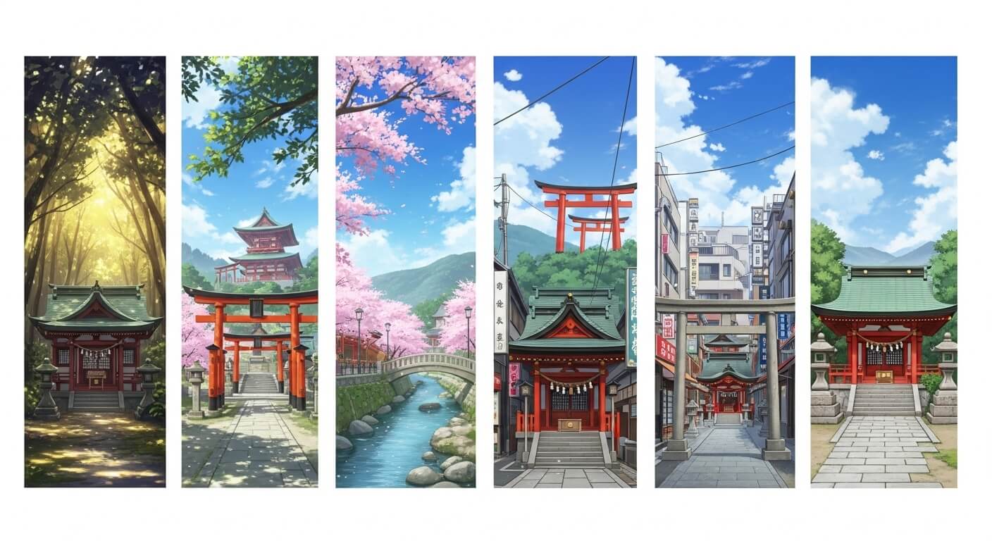 京都の5つの復縁神社を描いたアニメ風の分割イラスト