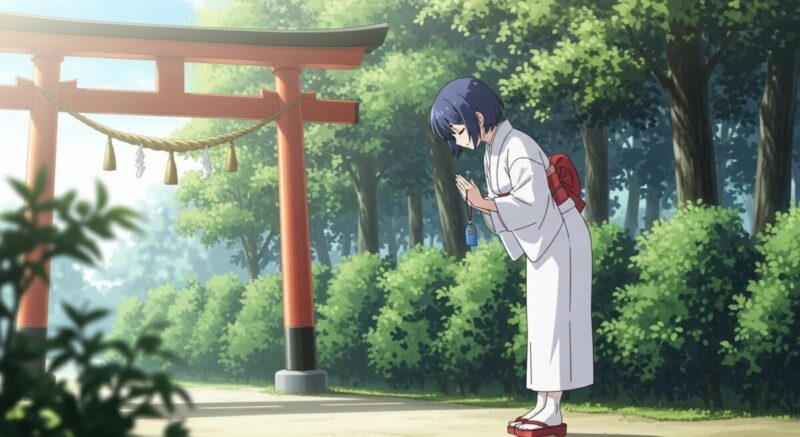 鳥居の前でお辞儀をする女性のアニメ風イラスト。朝の光と落ち着いた雰囲気。