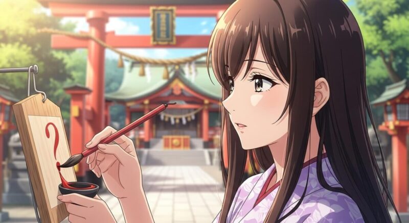 絵馬に願いを書く女性のアニメ風イラスト。思案する表情と神社の背景。