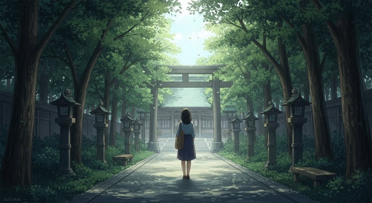 東京の神社を静かに歩く女性のイラスト。復縁祈願に向かう前向きな心情