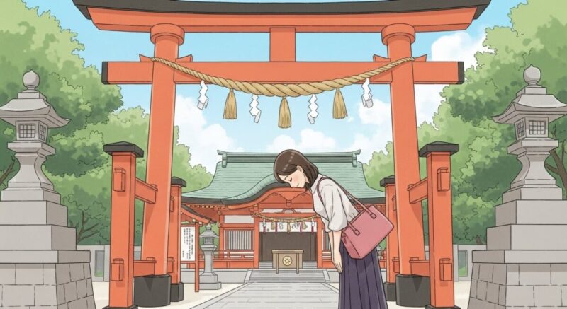 神社の鳥居で丁寧に一礼する女性のイラスト。参拝マナーを象徴