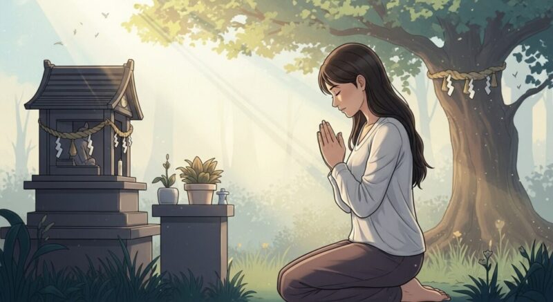 神社の前で手を合わせ、復縁を静かに祈る女性のイラスト。心の持ち方を表現