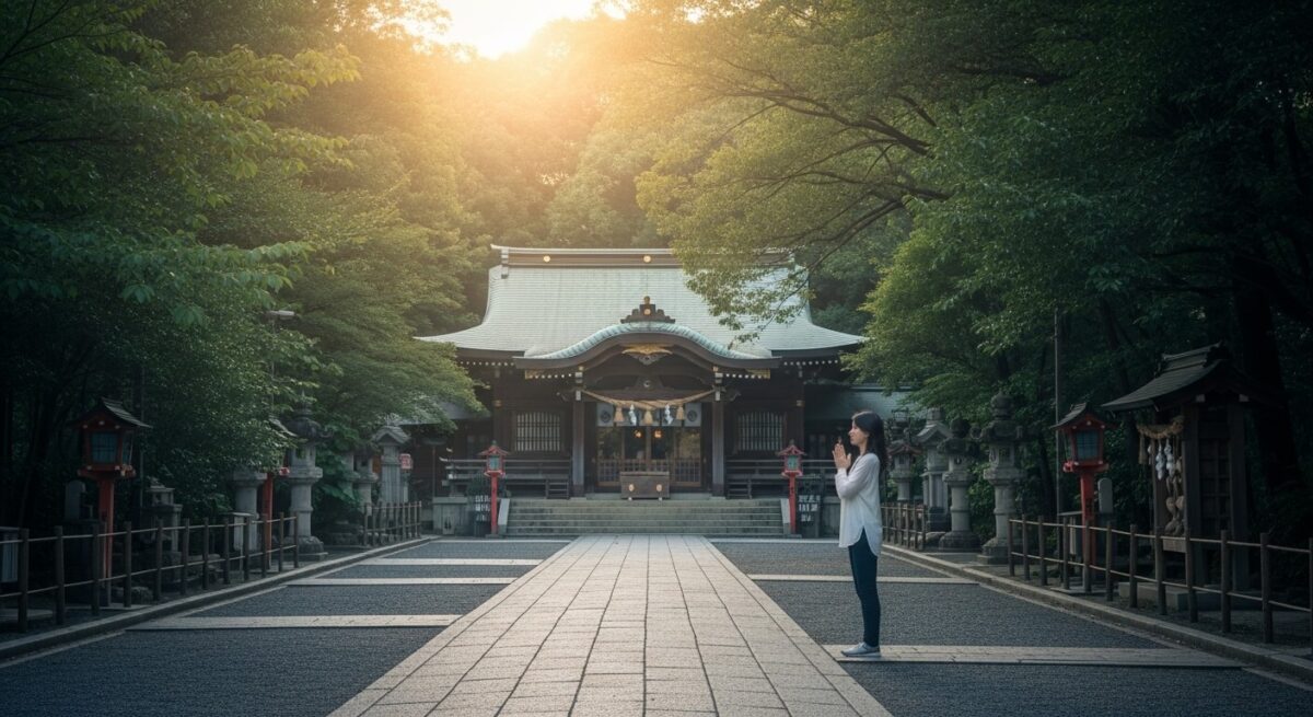 京都の静かな神社で手を合わせて祈る30代女性