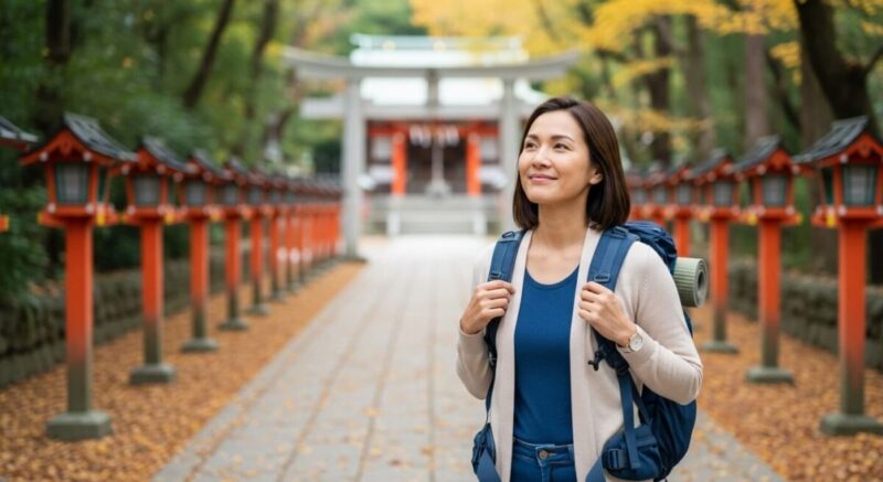 神社巡りを楽しむ落ち着いた雰囲気の女性